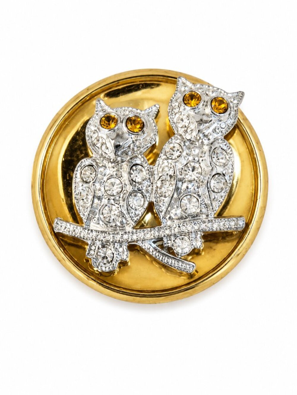 Vintage Gold Tone Double Owl Rhinestone Brooch Pin | Crystal Owl Duo on Branch